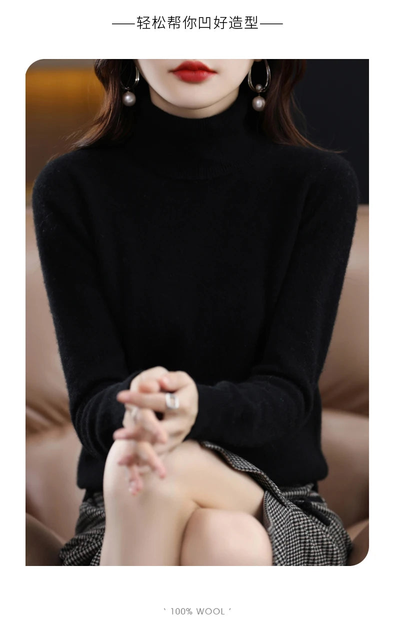 100% Merino Wool High Turnover Collar Knitted Sweater For Women's Autumn And Winter Warm Top Elegant 2YS Versatile Jiu Jia 206