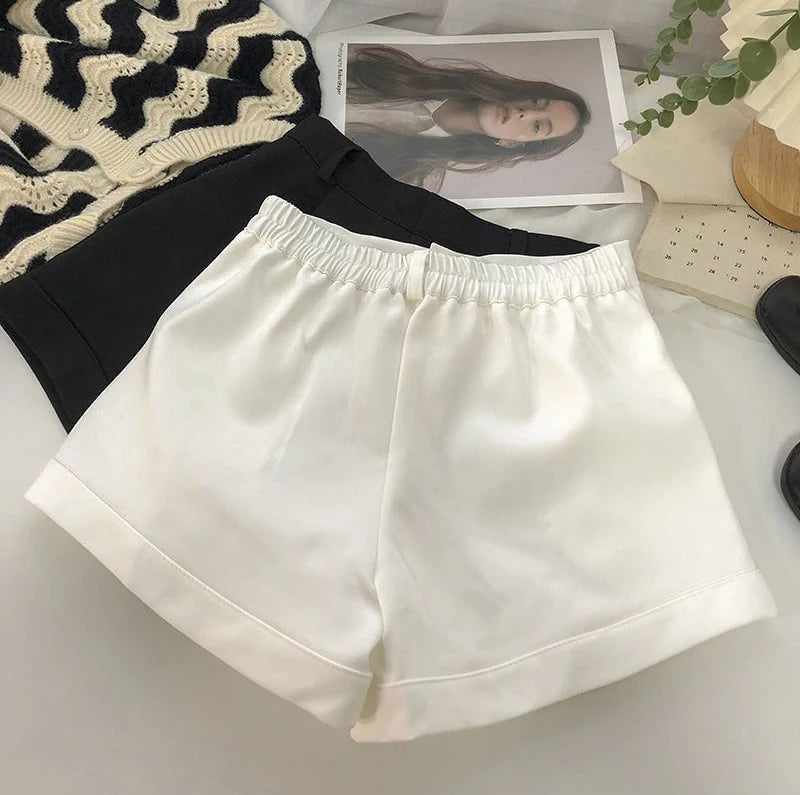 Elegant Suit Shorts Women Solid High Waist Wide Leg Shorts Office Lady Korean Fashion Black White Simple All Match Short Pants