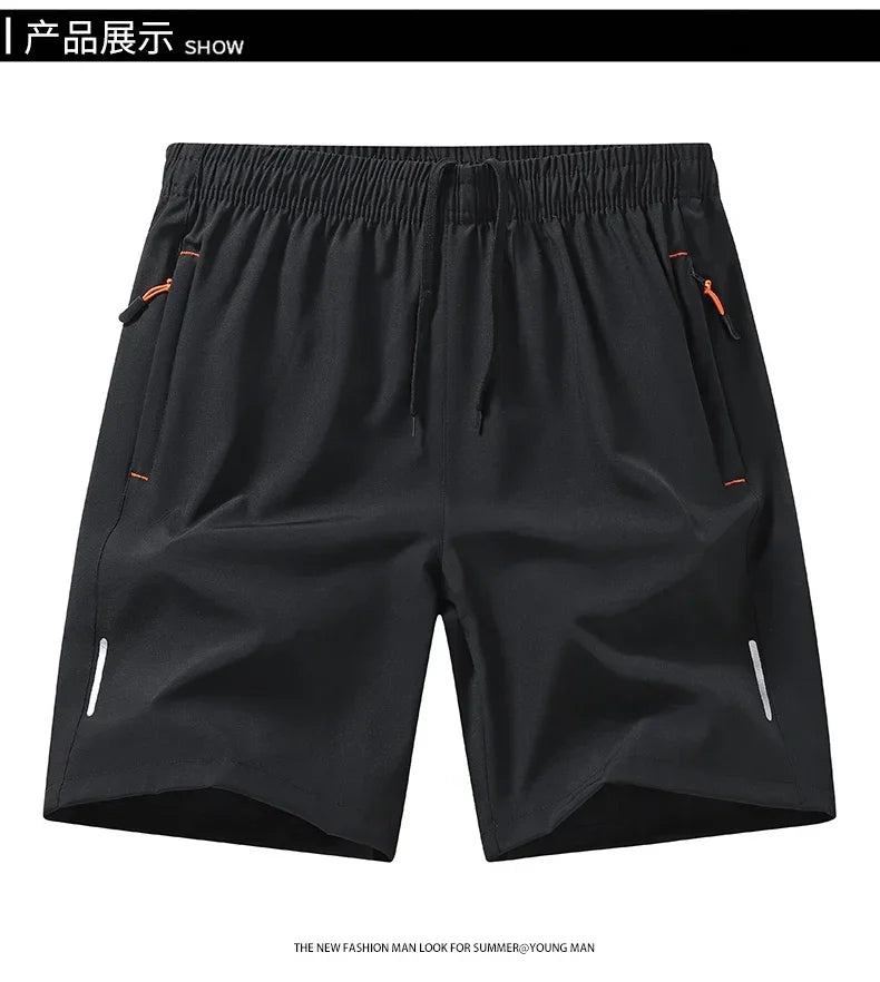 Men's Casual Shorts for Sports Ice Silk Fitness Beach Shorts Breathable Elastic Waist Quick Dry Zipper Pocket Running Shorts Men