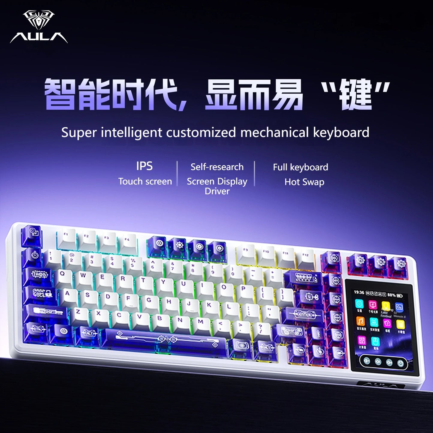 AULA L99 Gaming Keyboard 3.98-inch IPS Touchscreen Mechanical Keyboard Wireless Customizable Tri-mode Bluetooth Esports