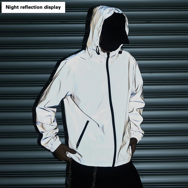 Night Reflective Clothes Spring New Men's Hooded Jacket Outdoor Run Casual Windproof Coat Couples Hip-hop Streetwear S-5XL