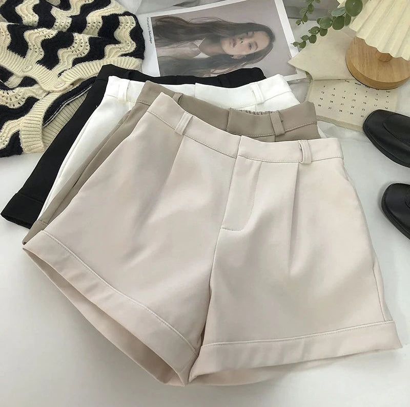 Elegant Suit Shorts Women Solid High Waist Wide Leg Shorts Office Lady Korean Fashion Black White Simple All Match Short Pants