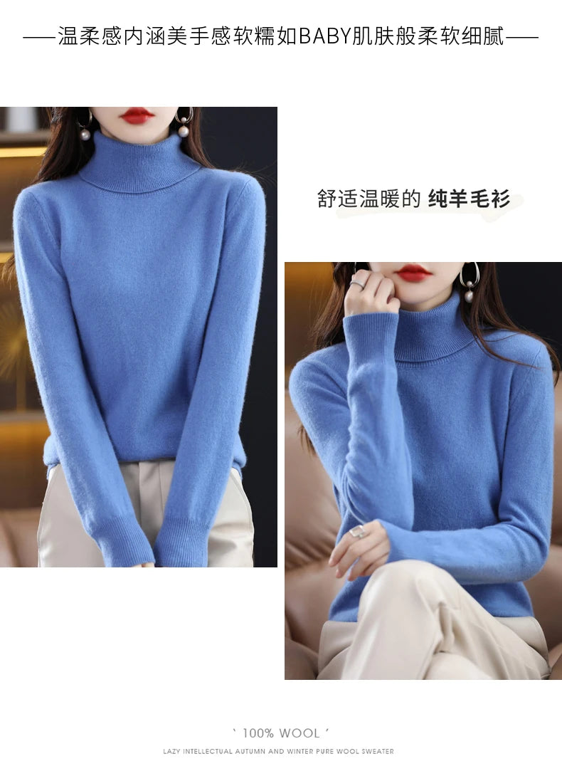 100% Merino Wool High Turnover Collar Knitted Sweater For Women's Autumn And Winter Warm Top Elegant 2YS Versatile Jiu Jia 206
