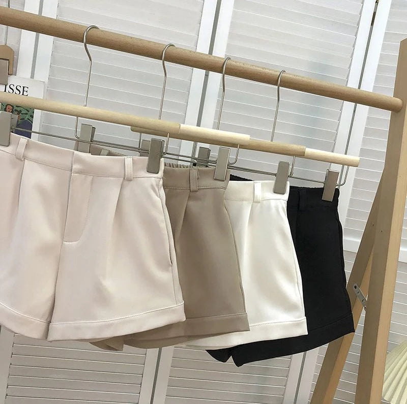 Elegant Suit Shorts Women Solid High Waist Wide Leg Shorts Office Lady Korean Fashion Black White Simple All Match Short Pants