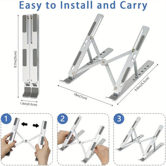 Adjustable Aluminum Laptop Stand - 6-Level Height, Foldable & Portable Design For 8-16” Laptops, Enhanced Ventilation & Heat