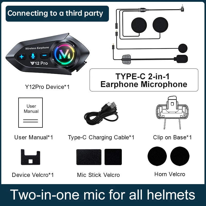 Y12 Pro Motorcycle Helmet Intercom Headset Bluetooth 5.4 Hands Free Call 500M For 2 Rider Intercomunicador Moto Interphone Music