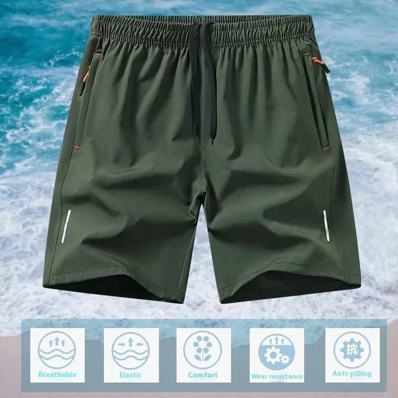 Men's Casual Shorts for Sports Ice Silk Fitness Beach Shorts Breathable Elastic Waist Quick Dry Zipper Pocket Running Shorts Men