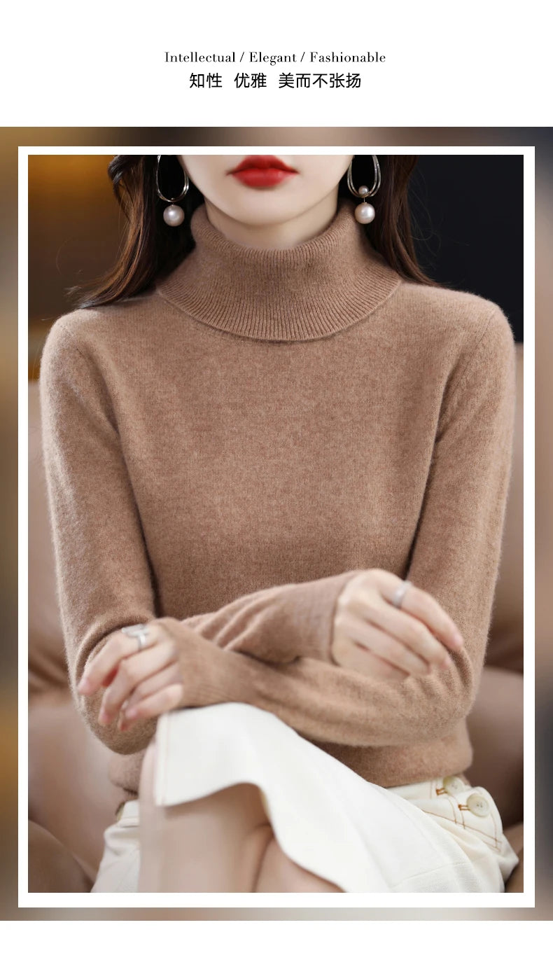 100% Merino Wool High Turnover Collar Knitted Sweater For Women's Autumn And Winter Warm Top Elegant 2YS Versatile Jiu Jia 206