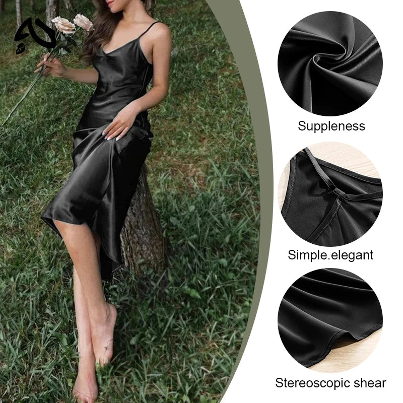 Original Satin Summer Dress Spaghetti Straps V-Neck Backless Long Dresses For Women Party Sexy Vestidos Sundress，M30262