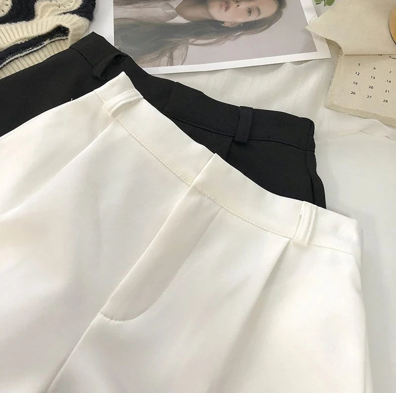 Elegant Suit Shorts Women Solid High Waist Wide Leg Shorts Office Lady Korean Fashion Black White Simple All Match Short Pants