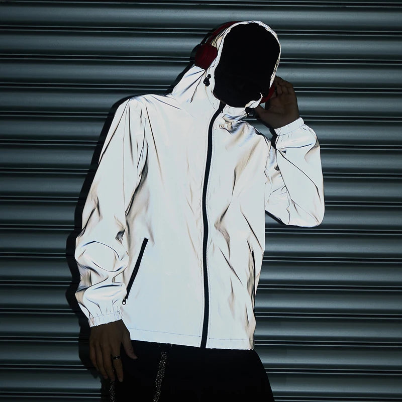 Night Reflective Clothes Spring New Men's Hooded Jacket Outdoor Run Casual Windproof Coat Couples Hip-hop Streetwear S-5XL