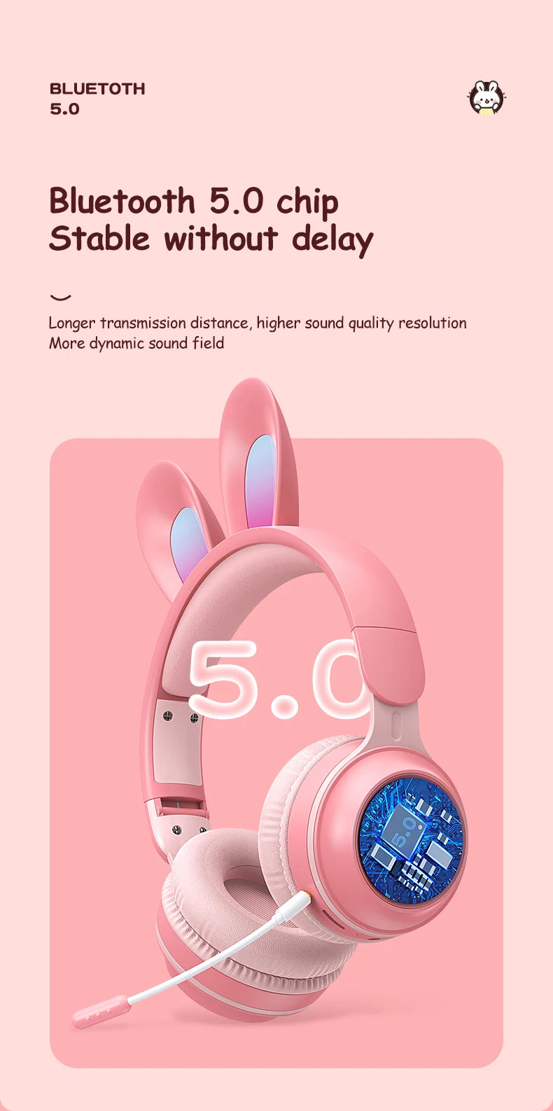 Wireless Headphones Rabbit Ear Headphones with Microphone Cute Girl Music Bluetooth Headphones for Kids Gaming Headphones