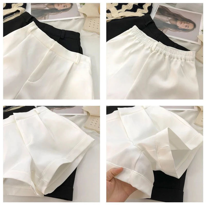 Elegant Suit Shorts Women Solid High Waist Wide Leg Shorts Office Lady Korean Fashion Black White Simple All Match Short Pants