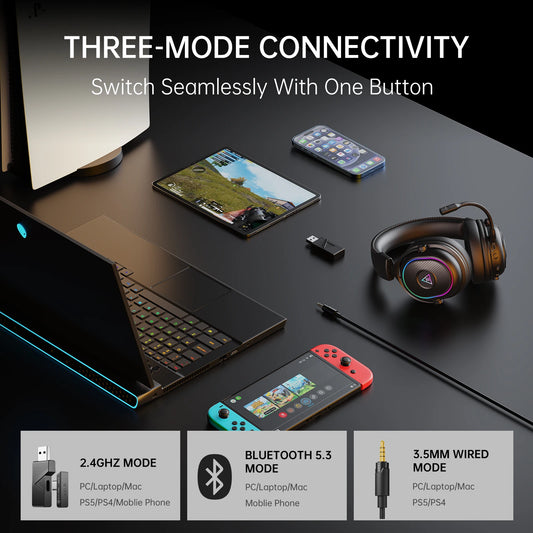 EKSA Mako BT 2.4GHz Low Latency Wireless Headphones, Over-Ear Bluetooth 5.3 Headset Gamer with Detachable Microphone for PC/PS5