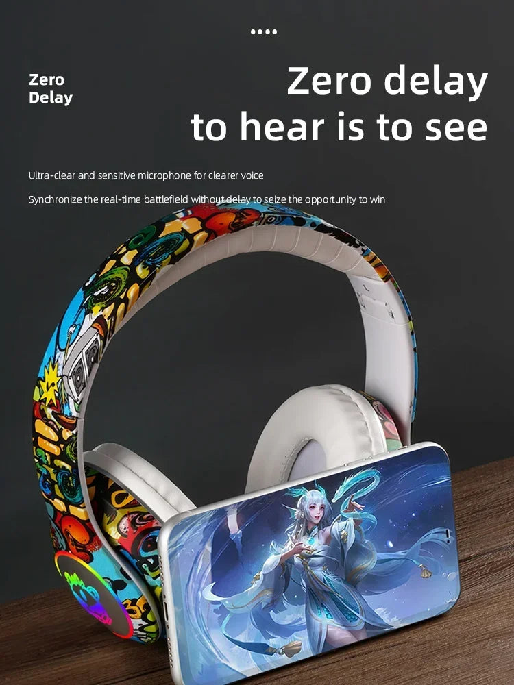 Graffiti LED Light Bluetooth Headsets Game Doodle Wireless Headphones Earphones Mic  For Kids Boy Girl Gifts Support TF Card