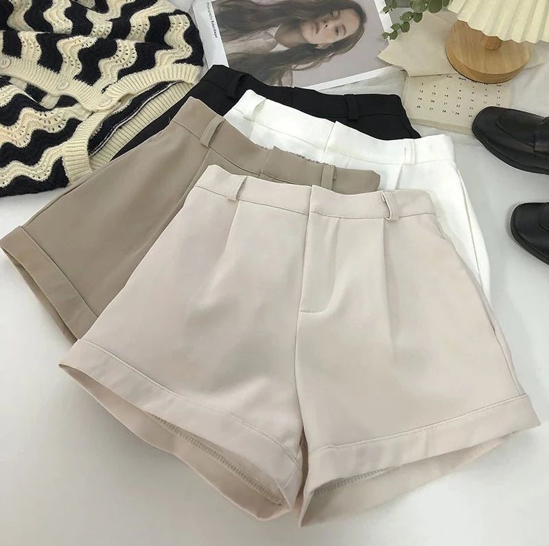 Elegant Suit Shorts Women Solid High Waist Wide Leg Shorts Office Lady Korean Fashion Black White Simple All Match Short Pants