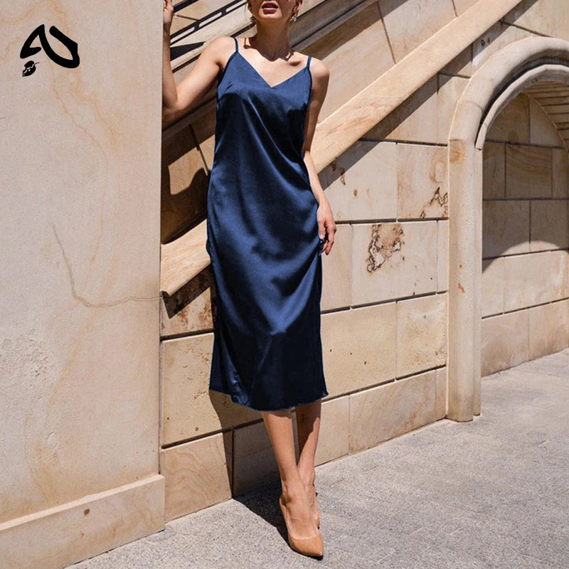 Original Satin Summer Dress Spaghetti Straps V-Neck Backless Long Dresses For Women Party Sexy Vestidos Sundress，M30262