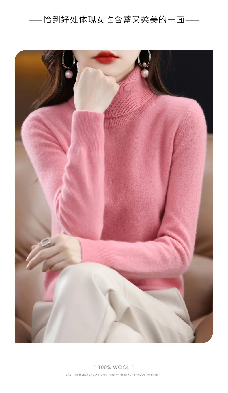 100% Merino Wool High Turnover Collar Knitted Sweater For Women's Autumn And Winter Warm Top Elegant 2YS Versatile Jiu Jia 206