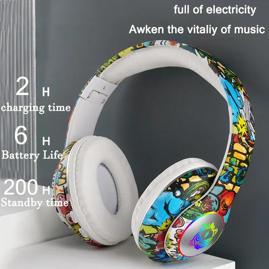 Graffiti LED Light Bluetooth Headsets Game Doodle Wireless Headphones Earphones Mic  For Kids Boy Girl Gifts Support TF Card