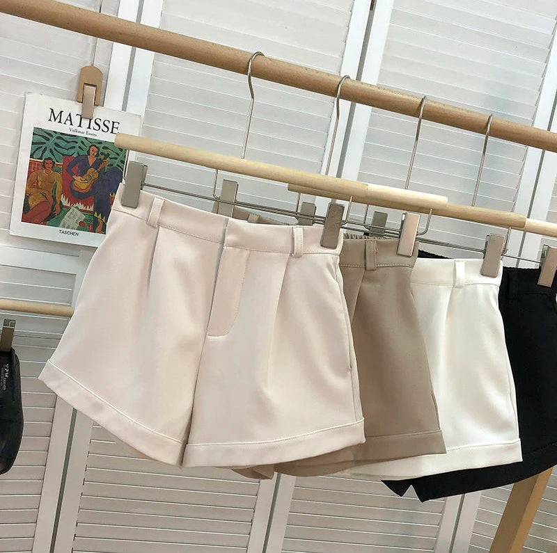 Elegant Suit Shorts Women Solid High Waist Wide Leg Shorts Office Lady Korean Fashion Black White Simple All Match Short Pants