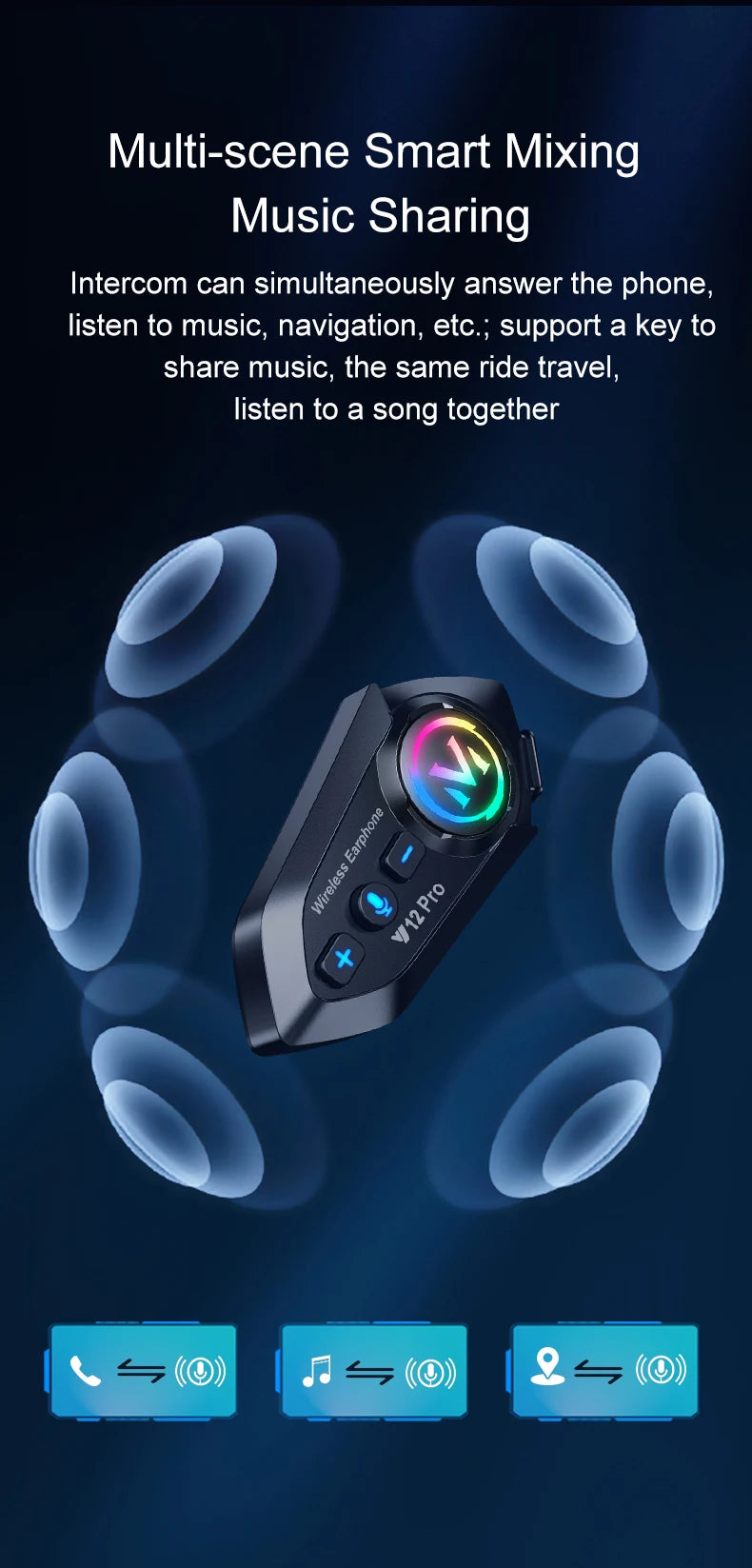 Y12 Pro Motorcycle Helmet Intercom Headset Bluetooth 5.4 Hands Free Call 500M For 2 Rider Intercomunicador Moto Interphone Music