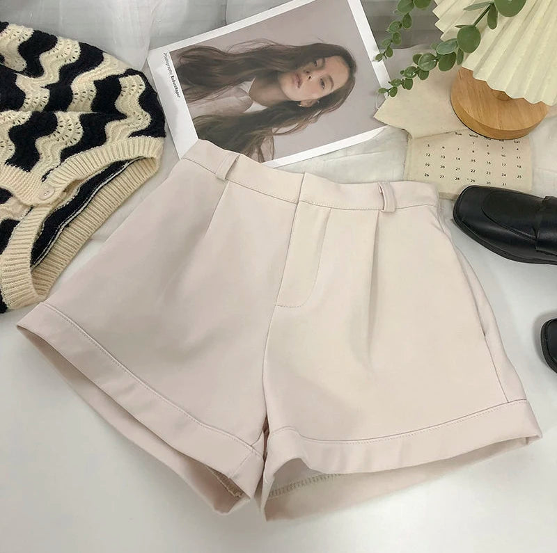 Elegant Suit Shorts Women Solid High Waist Wide Leg Shorts Office Lady Korean Fashion Black White Simple All Match Short Pants